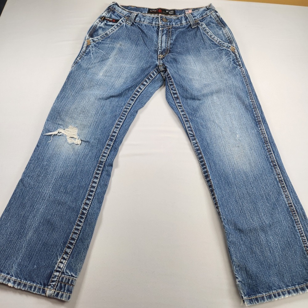 Ariat FR Blue Jeans M4 Relaxed Boot Cut Mens 30X30 Hemmed Cat 2 Distressed